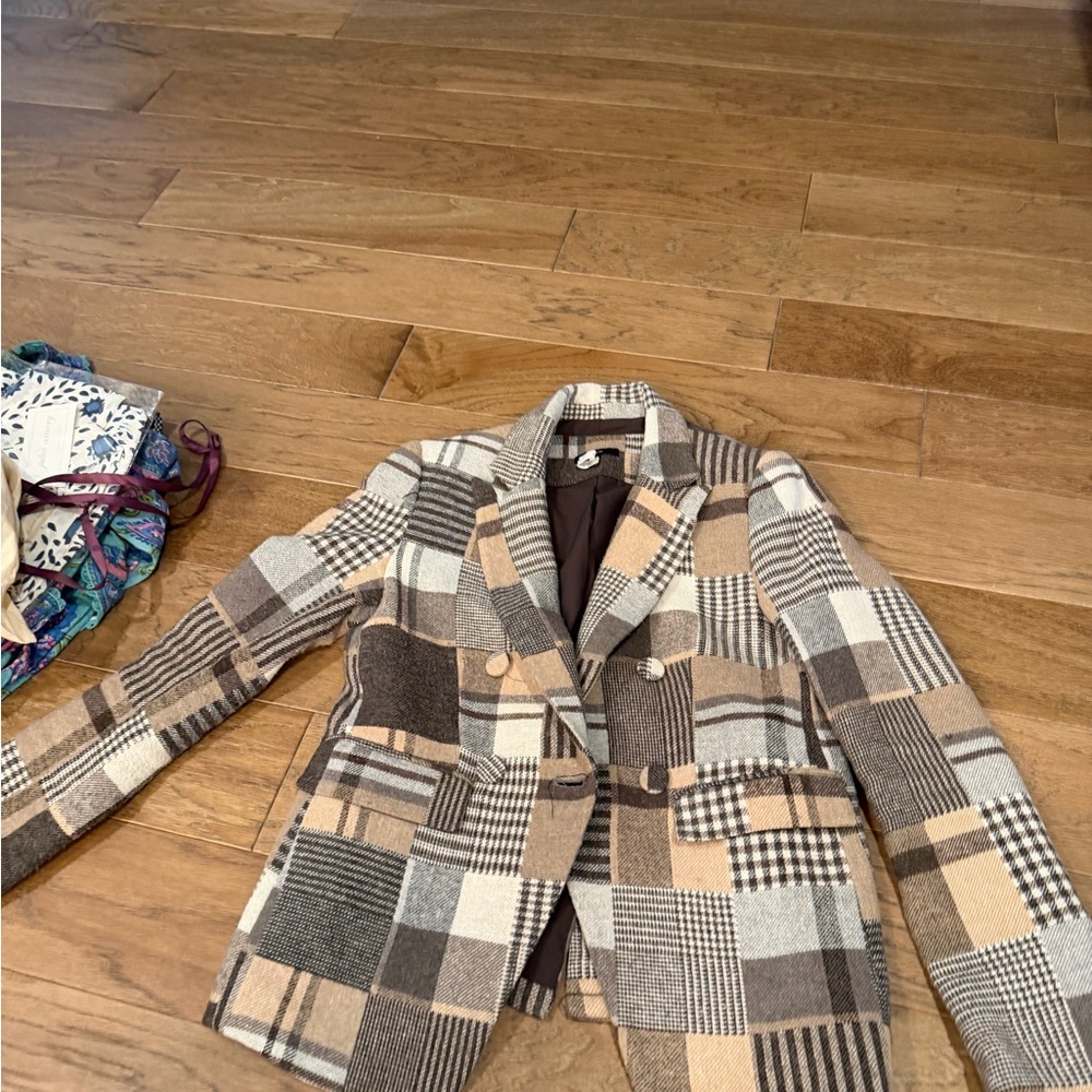 DREW Patchwork Plaid Blazer in Brown and Cream
